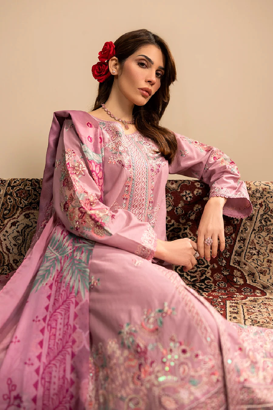 Zeenat Pret Embroidered Lawn 3-Piece Suit - Mauve Pink