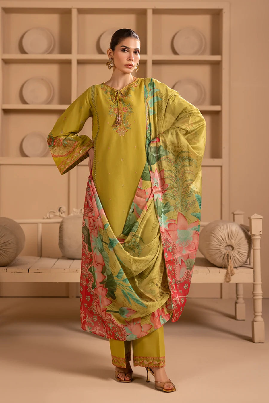 Zeenat Pret Embroidered Lawn 3-Piece Suit - Olive Green