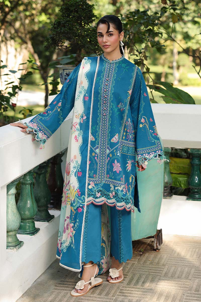 Qalamkar Embroidered Printed Lawn 3-Piece Suit - Teal Blue