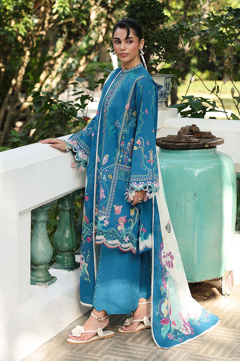 Qalamkar Embroidered Printed Lawn 3-Piece Suit - Teal Blue
