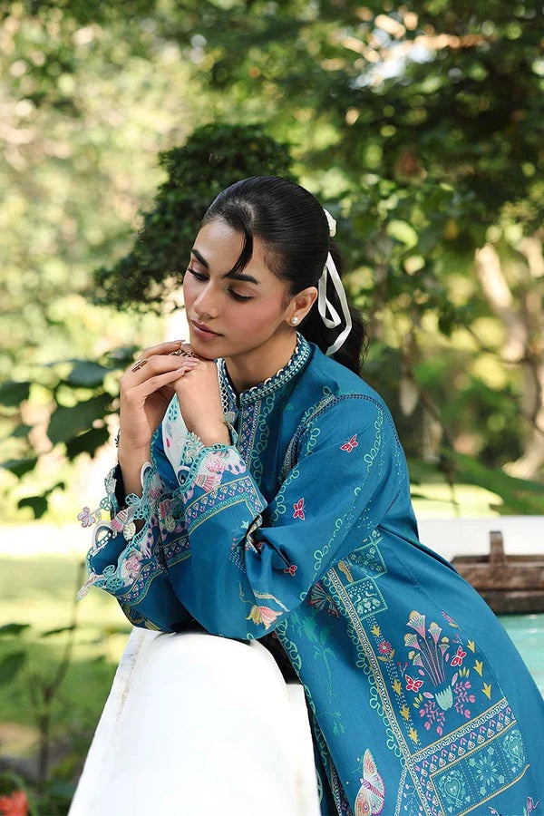 Qalamkar Embroidered Printed Lawn 3-Piece Suit - Teal Blue