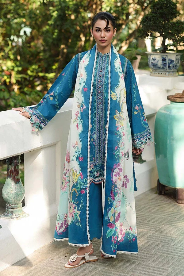Qalamkar Embroidered Printed Lawn 3-Piece Suit - Teal Blue
