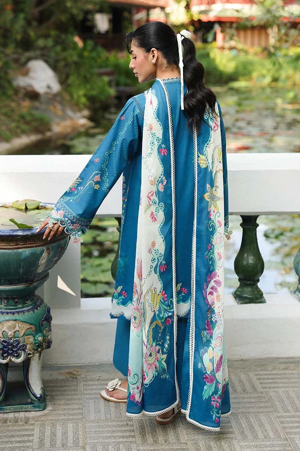 Qalamkar Embroidered Printed Lawn 3-Piece Suit - Teal Blue