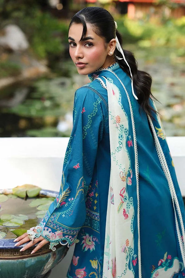 Qalamkar Embroidered Printed Lawn 3-Piece Suit - Teal Blue