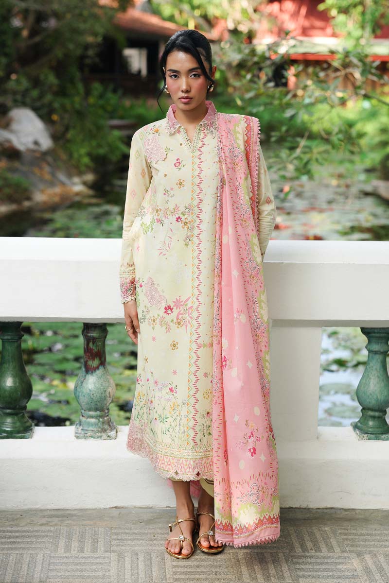 Qalamkar Embroidered Floral Lawn 3-Piece Suit - Pastel Yellow