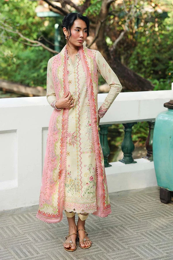 Qalamkar Embroidered Floral Lawn 3-Piece Suit - Pastel Yellow