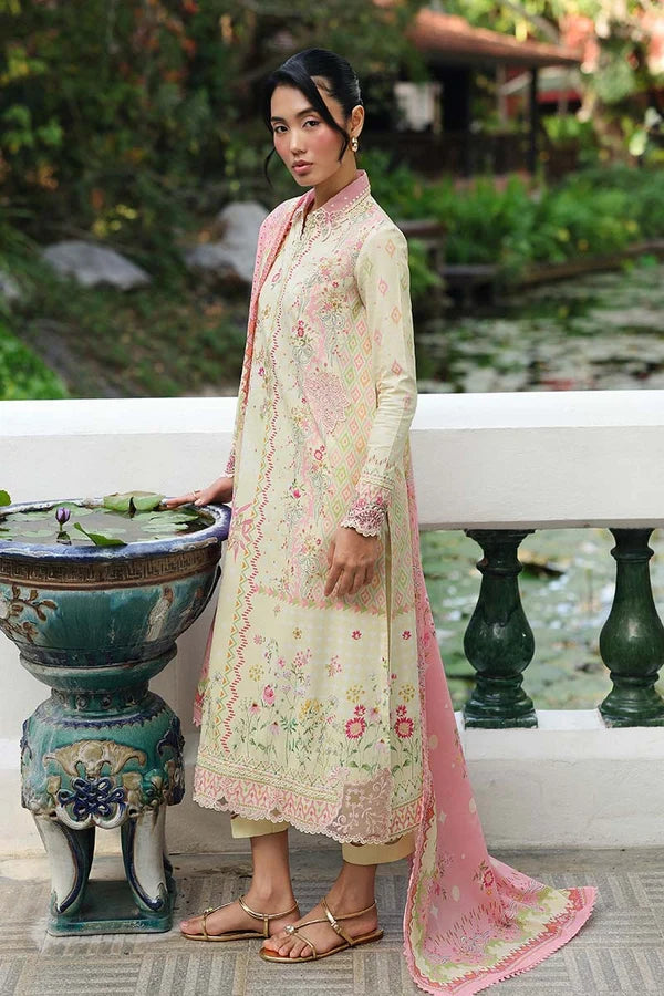 Qalamkar Embroidered Floral Lawn 3-Piece Suit - Pastel Yellow