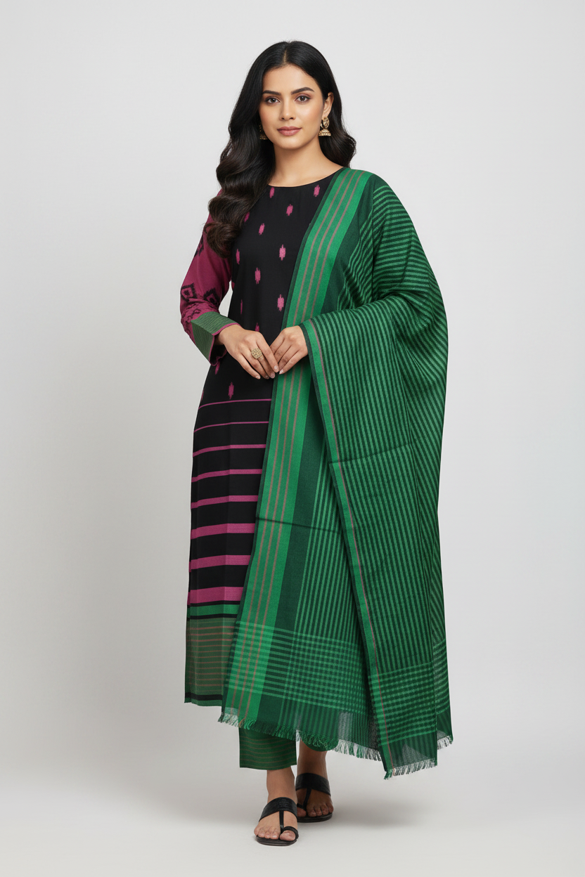 J. Khaddi Embroidered Stitched 3-Piece Suit - Black & Emerald Green