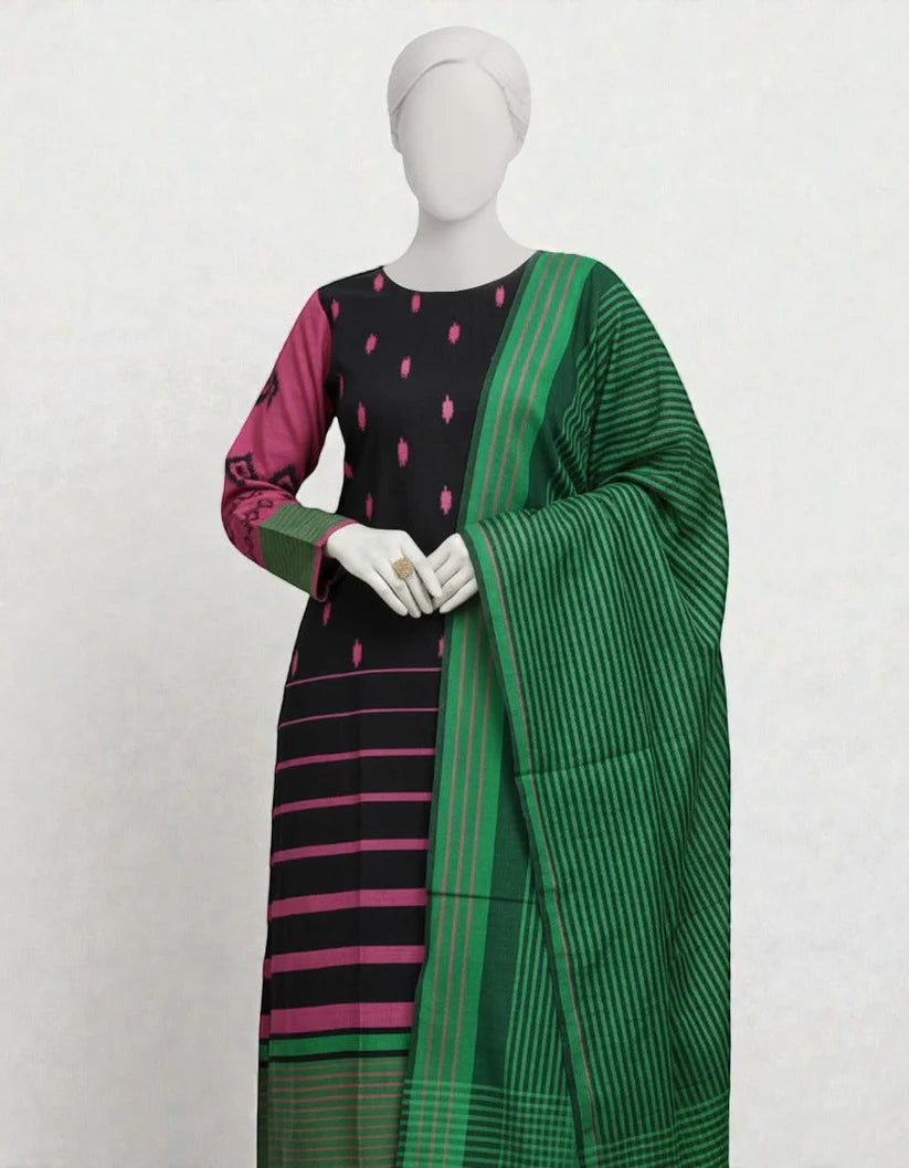 J. Khaddi Embroidered Stitched 3-Piece Suit - Black & Emerald Green