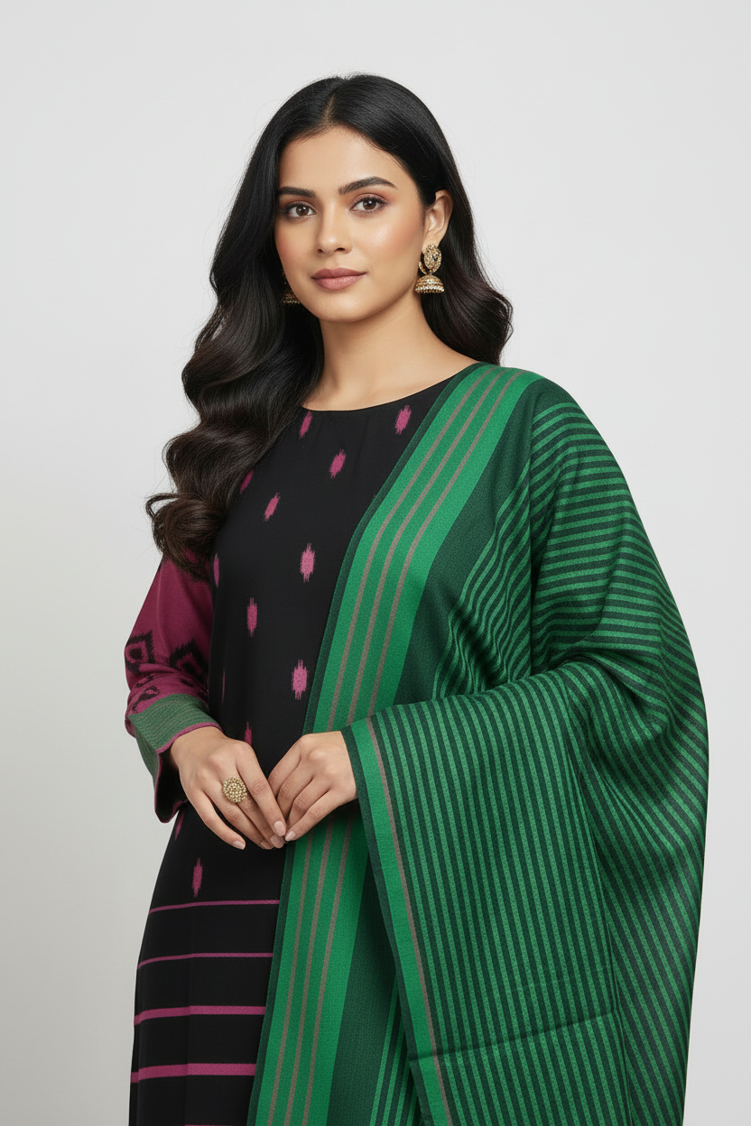 J. Khaddi Embroidered Stitched 3-Piece Suit - Black & Emerald Green