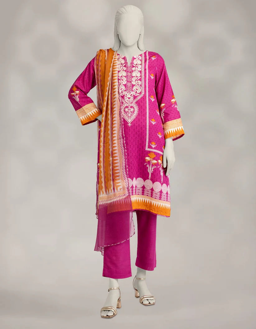 J. Lawn Embroidered Stitched 3-Piece Suit - Magenta Pink
