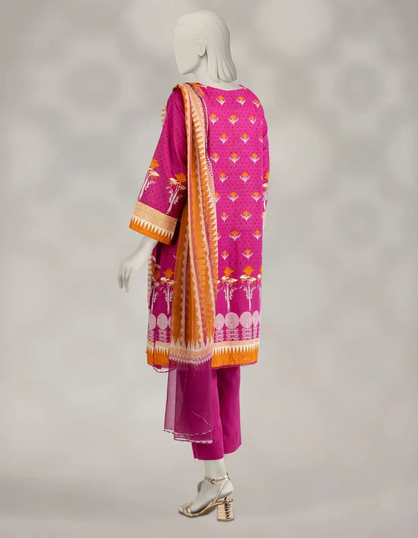 J. Lawn Embroidered Stitched 3-Piece Suit - Magenta Pink