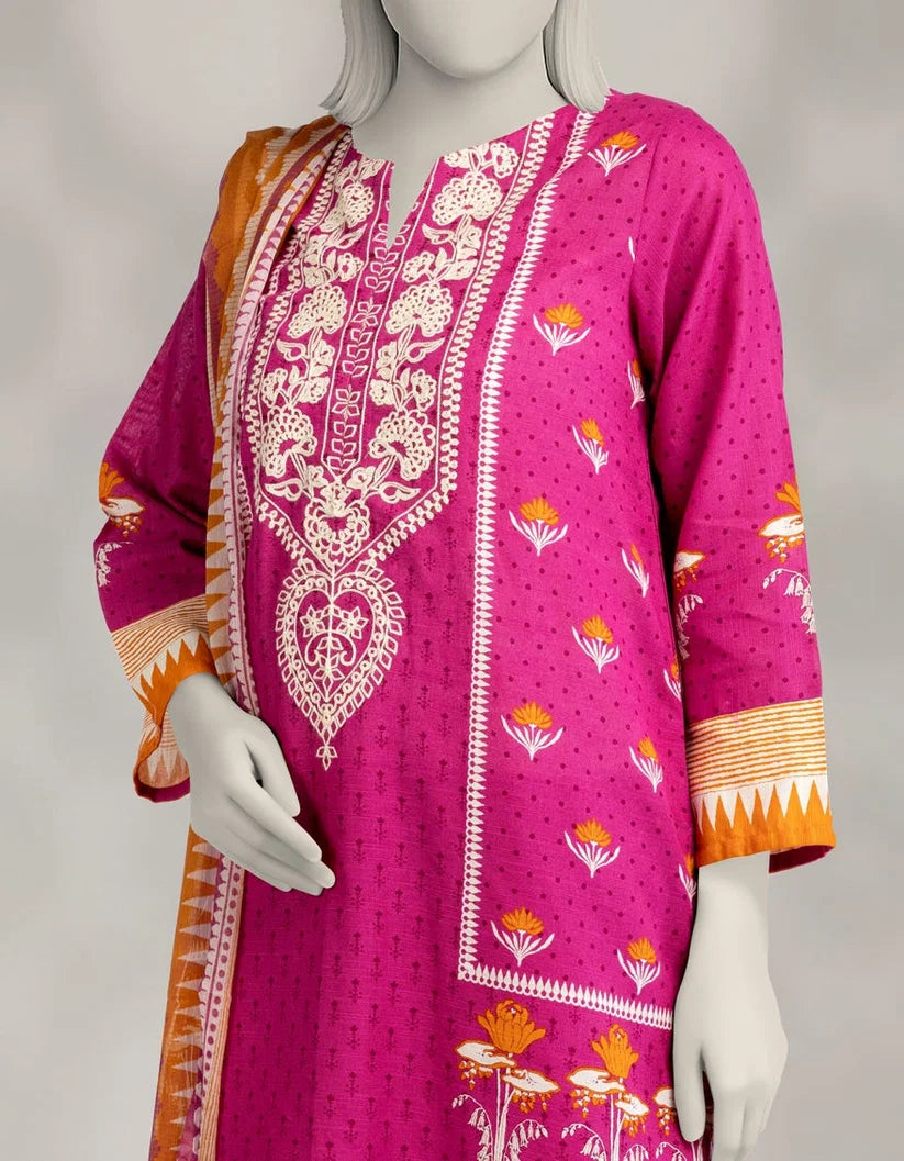 J. Lawn Embroidered Stitched 3-Piece Suit - Magenta Pink