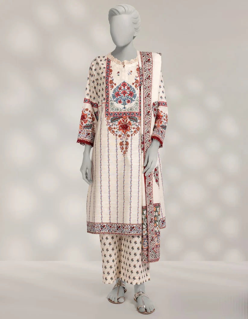 J. Khaddar Printed Stitched 3-Piece Suit - Off-White