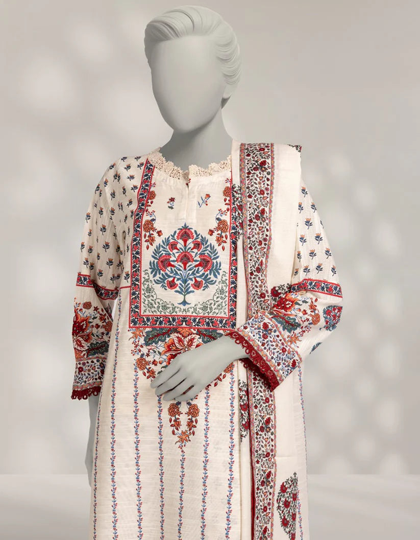 J. Khaddar Printed Stitched 3-Piece Suit - Off-White
