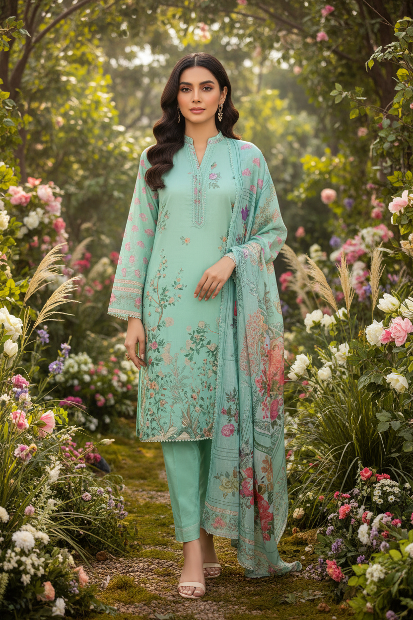 J. Khaddar Printed Stitched 3-Piece Suit - Mint Green