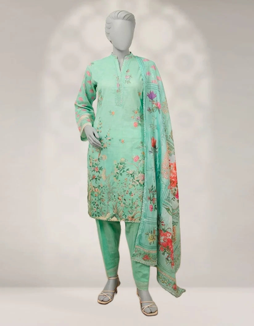 J. Khaddar Printed Stitched 3-Piece Suit - Mint Green