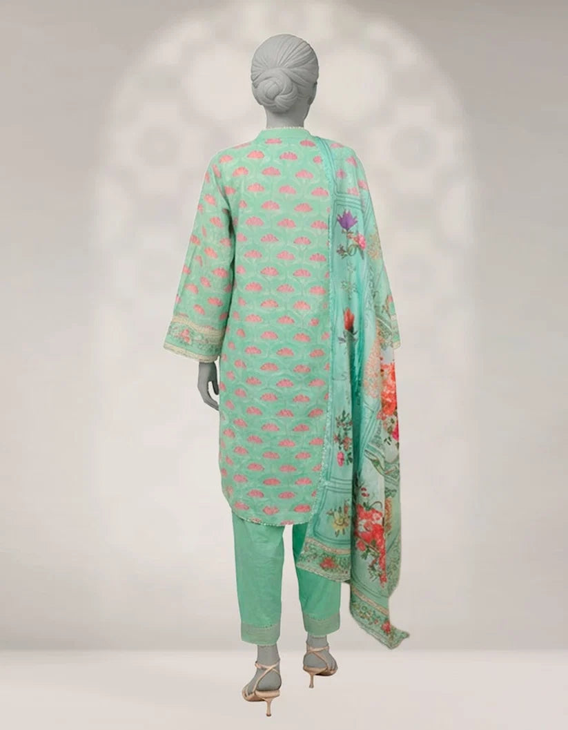 J. Khaddar Printed Stitched 3-Piece Suit - Mint Green