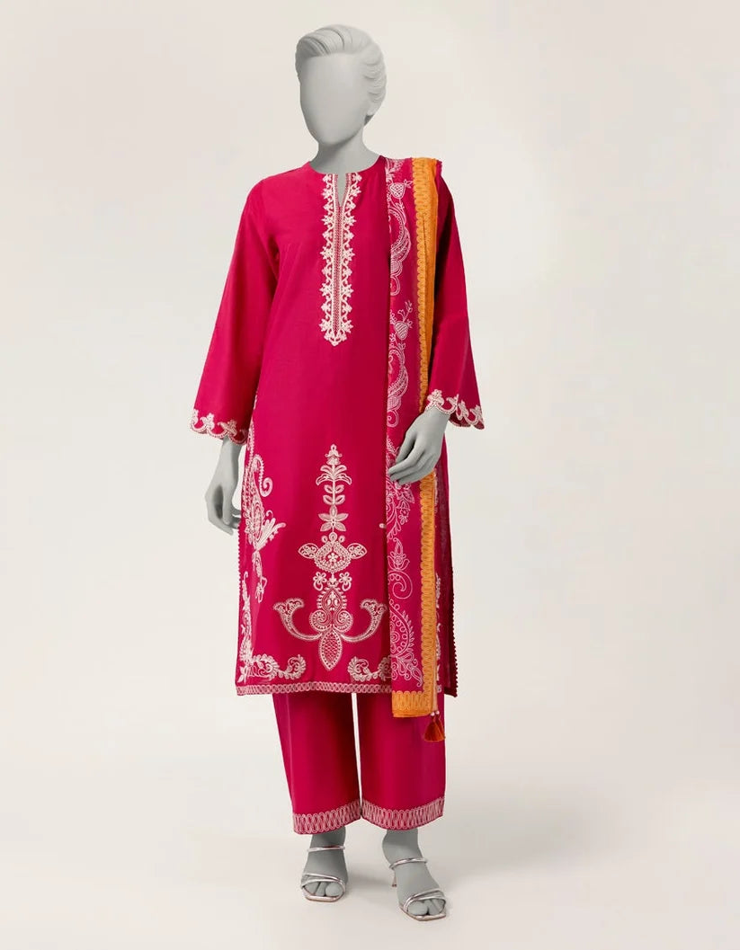 J. Lawn Embroidered Stitched 3-Piece Suit - Shocking Pink