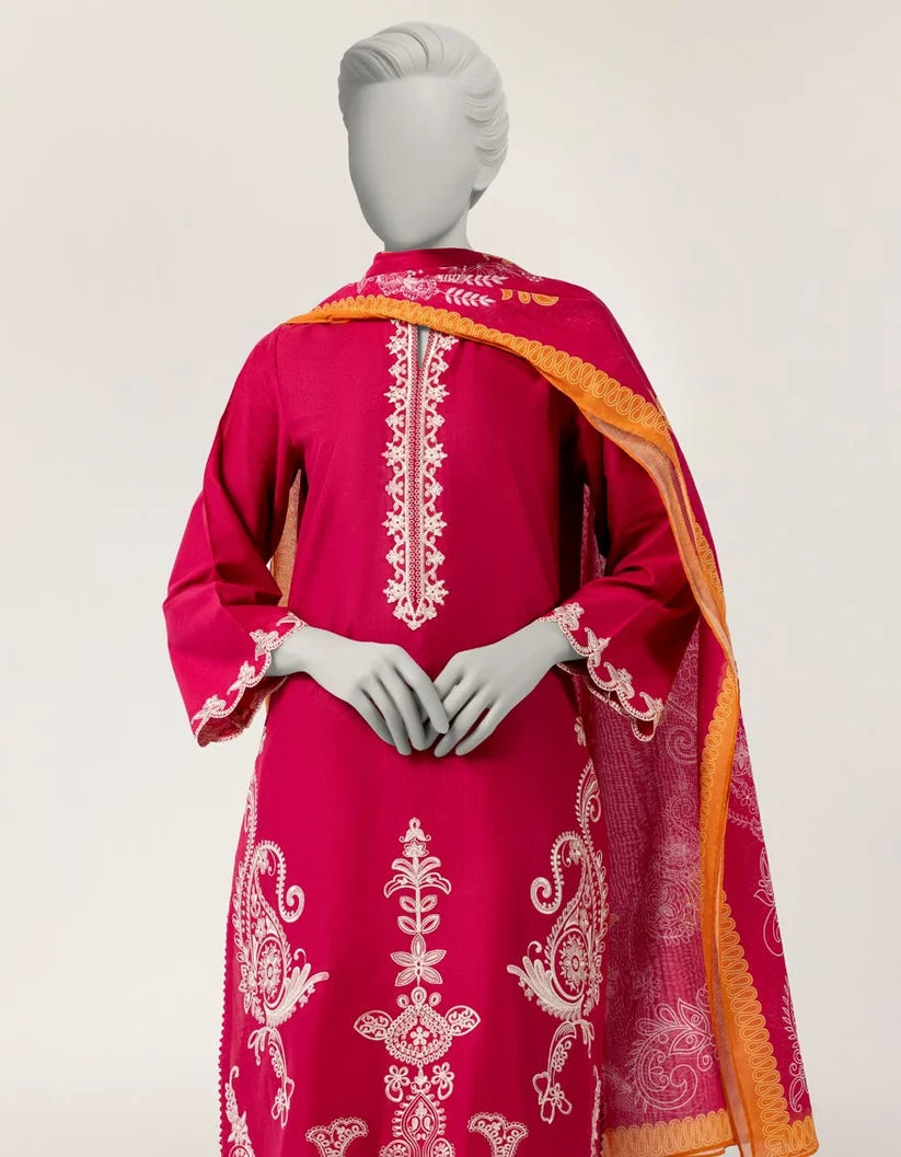 J. Lawn Embroidered Stitched 3-Piece Suit - Shocking Pink