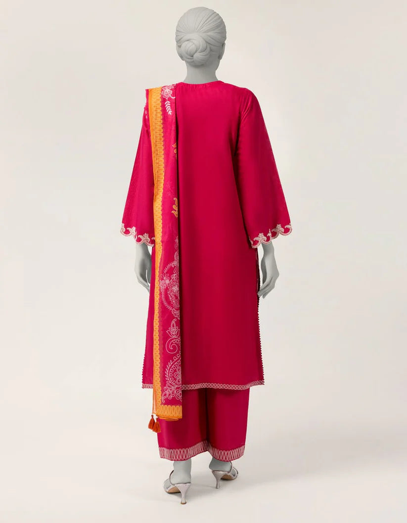 J. Lawn Embroidered Stitched 3-Piece Suit - Shocking Pink