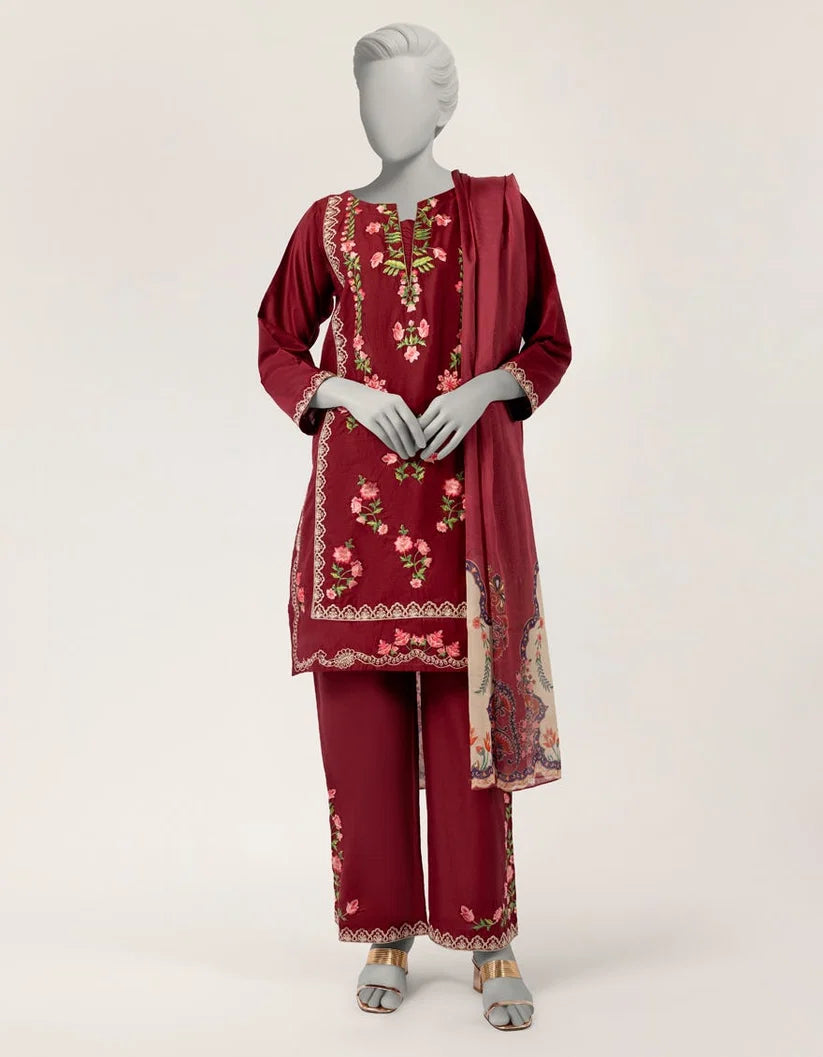 J. Lawn Embroidered Stitched 3-Piece Suit - Maroon