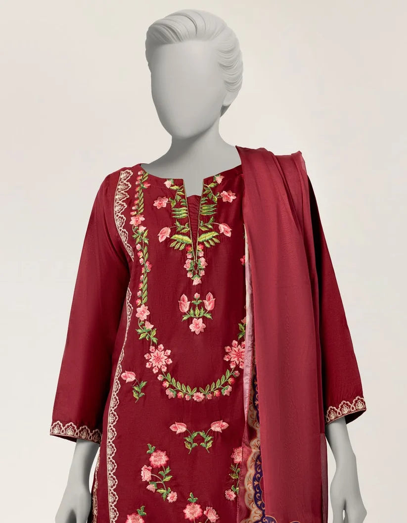 J. Lawn Embroidered Stitched 3-Piece Suit - Maroon