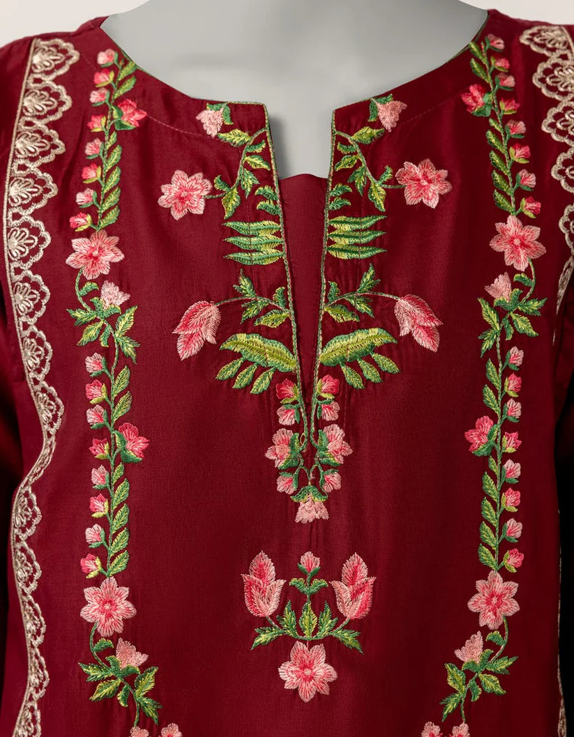 J. Lawn Embroidered Stitched 3-Piece Suit - Maroon