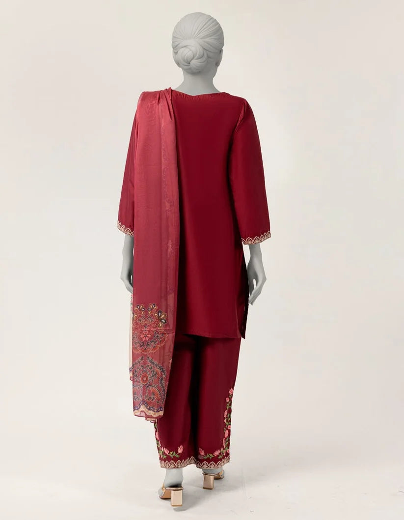 J. Lawn Embroidered Stitched 3-Piece Suit - Maroon