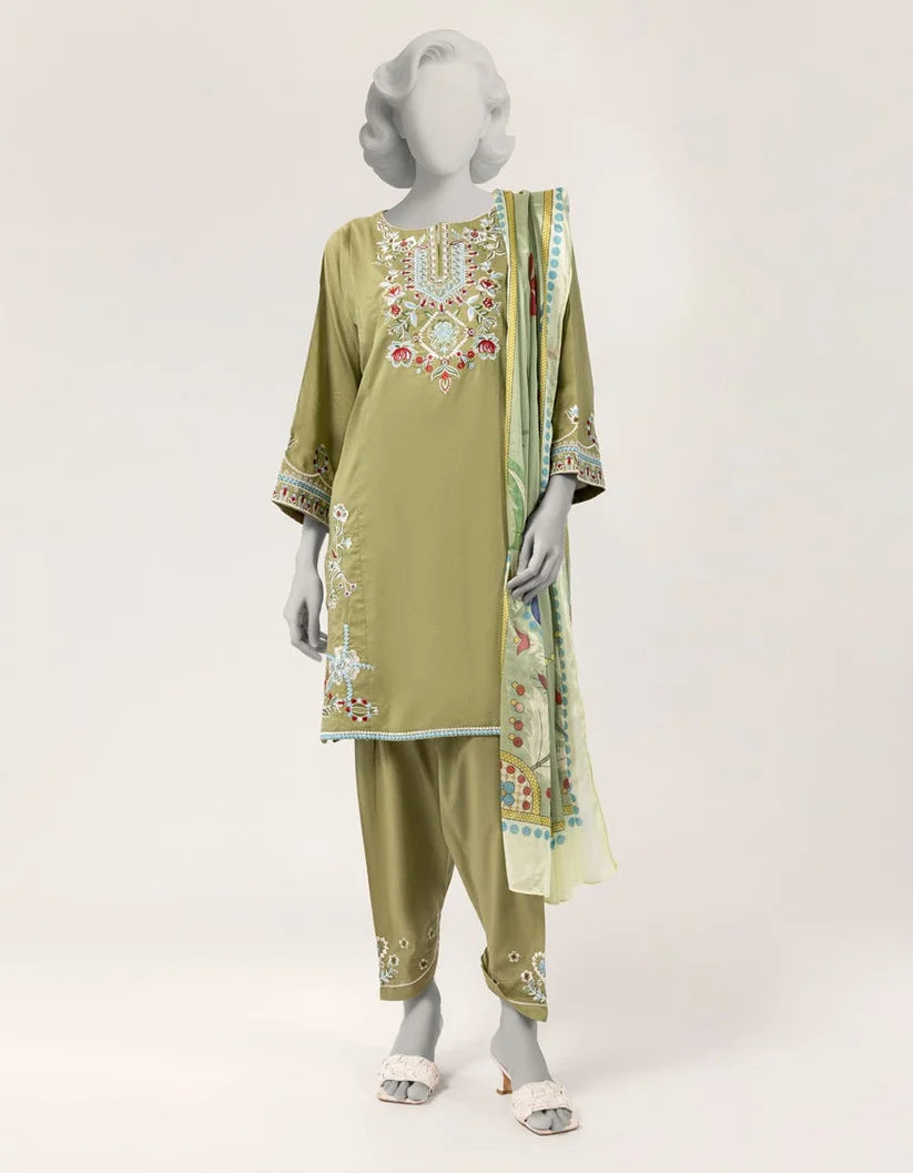 J. Lawn Embroidered Stitched 3-Piece Suit - Olive Green