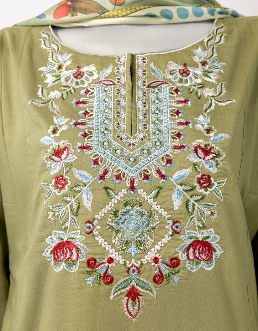 J. Lawn Embroidered Stitched 3-Piece Suit - Olive Green