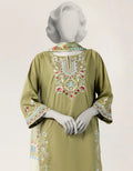 J. Lawn Embroidered Stitched 3-Piece Suit - Olive Green