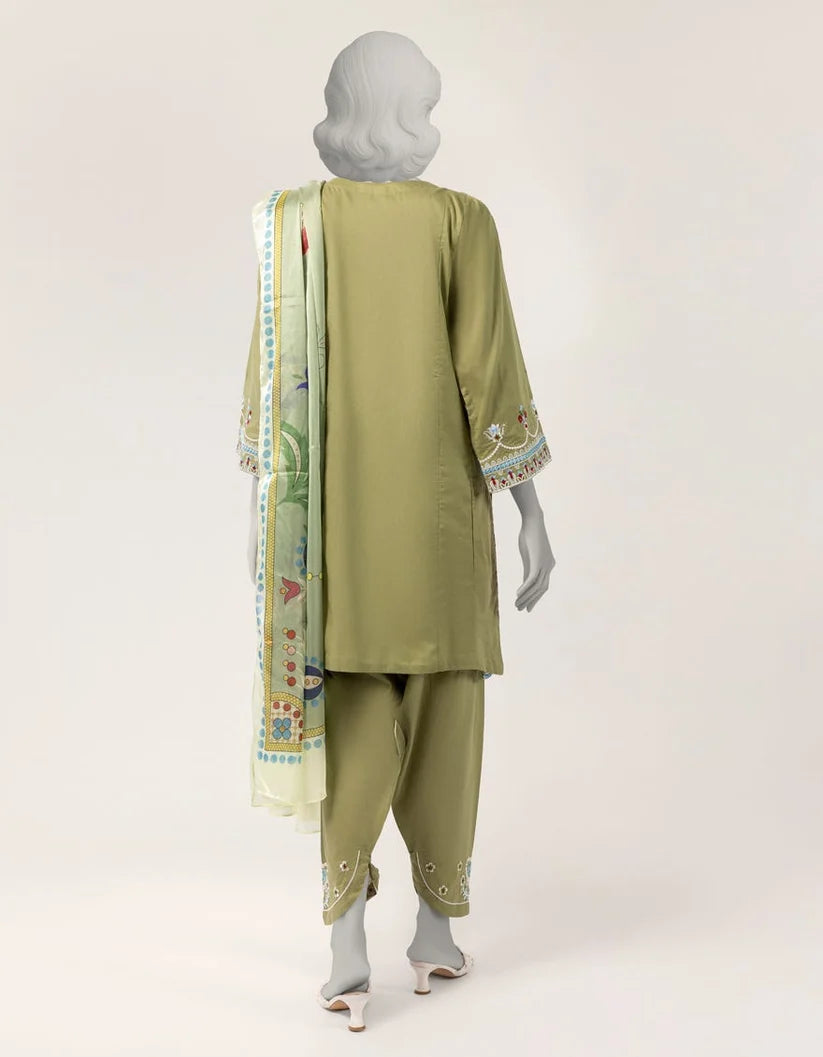 J. Lawn Embroidered Stitched 3-Piece Suit - Olive Green