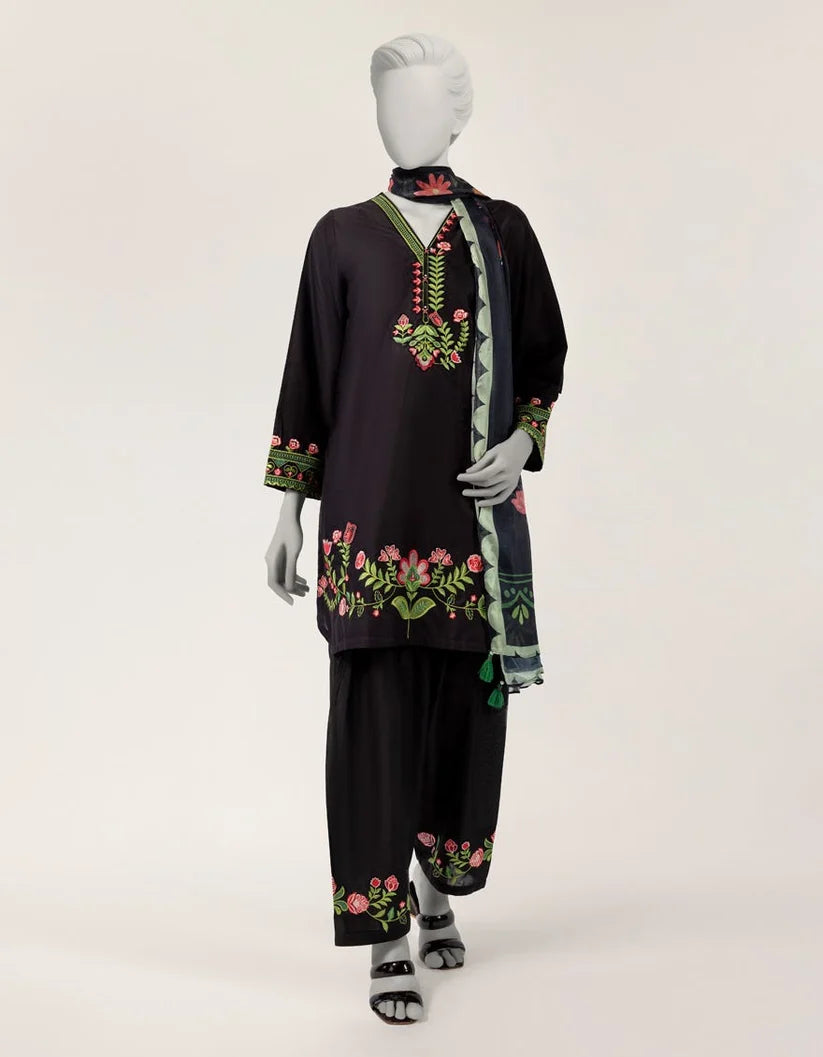 J. Lawn Embroidered Stitched 3-Piece Suit - Black