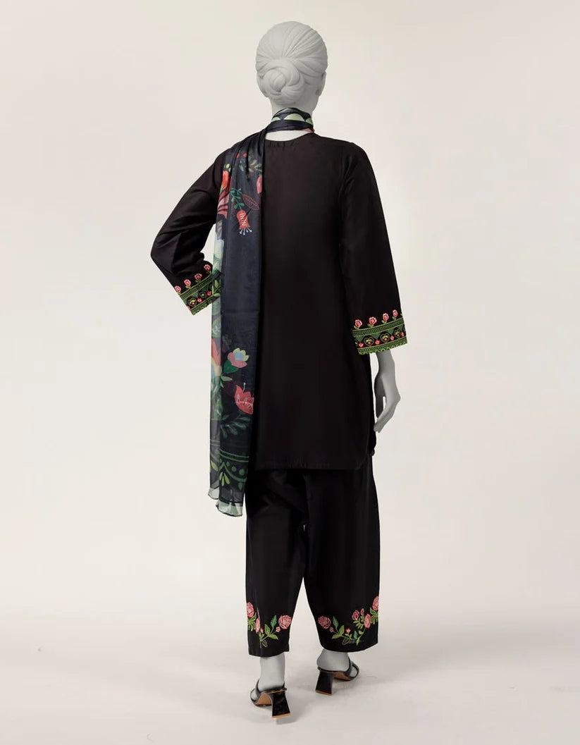J. Lawn Embroidered Stitched 3-Piece Suit - Black