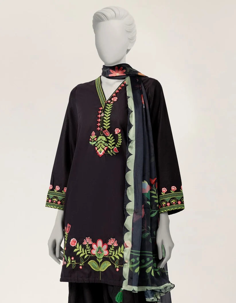 J. Lawn Embroidered Stitched 3-Piece Suit - Black
