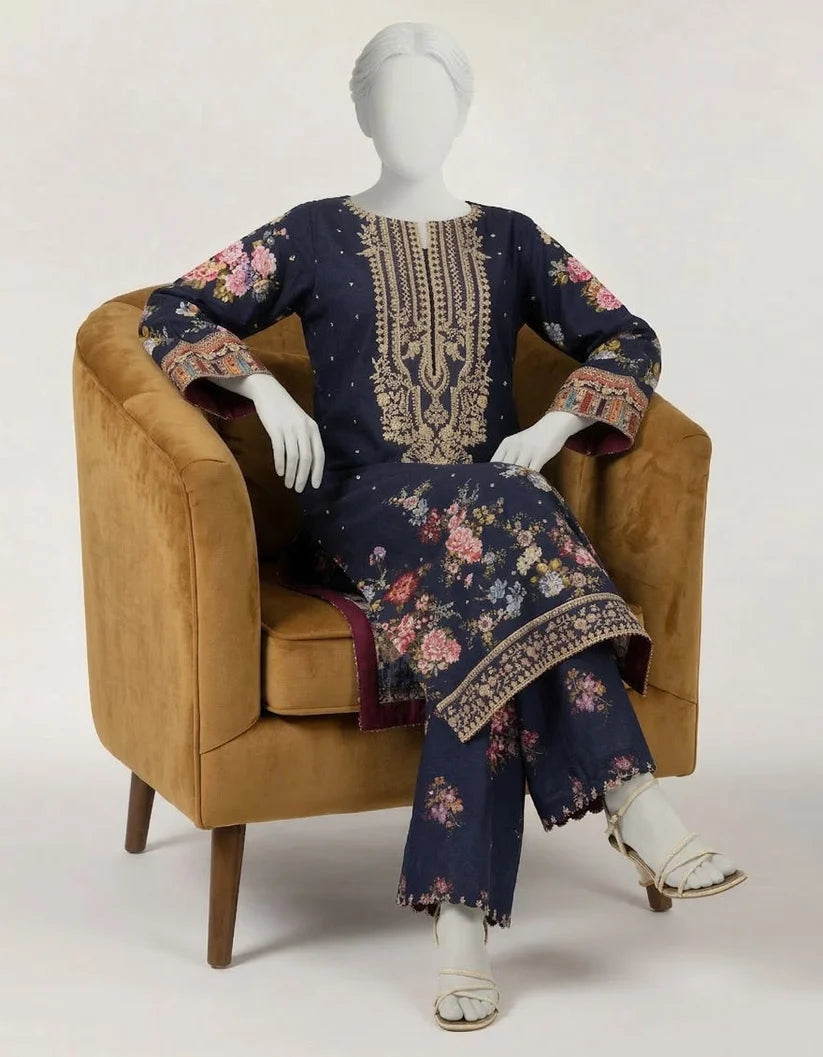 J. Raw Silk Embroidered Stitched 2-Piece Suit - Blue