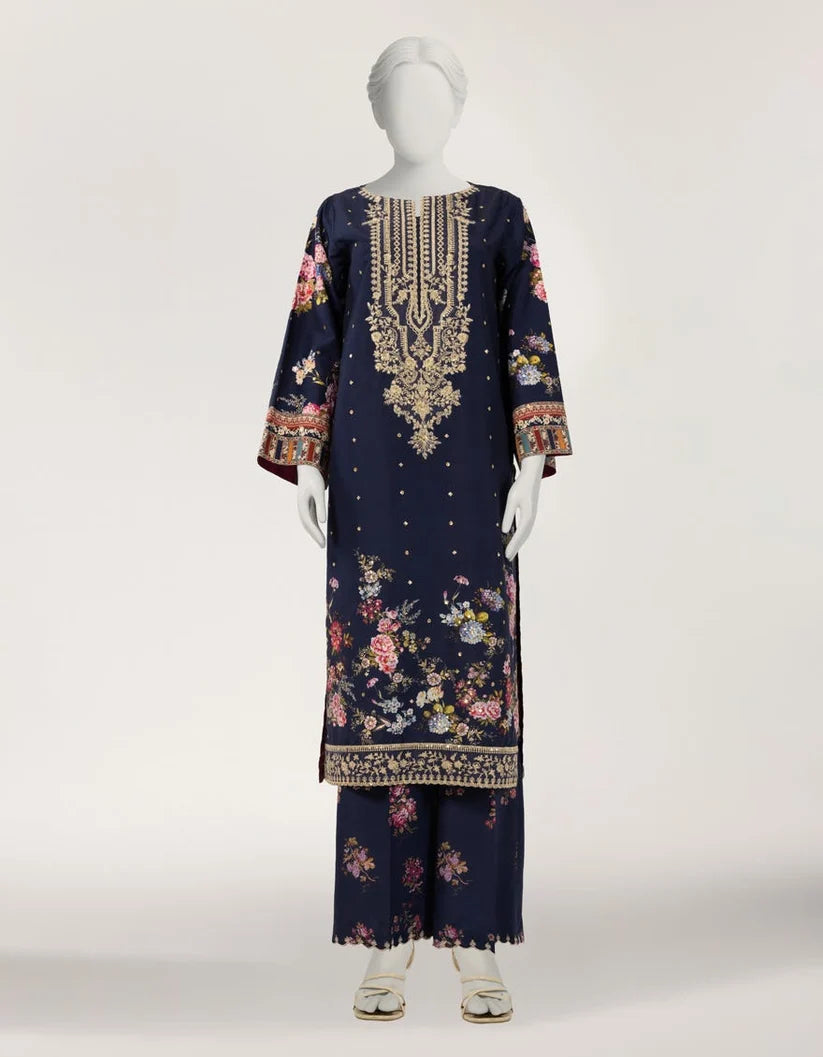 J. Raw Silk Embroidered Stitched 2-Piece Suit - Blue