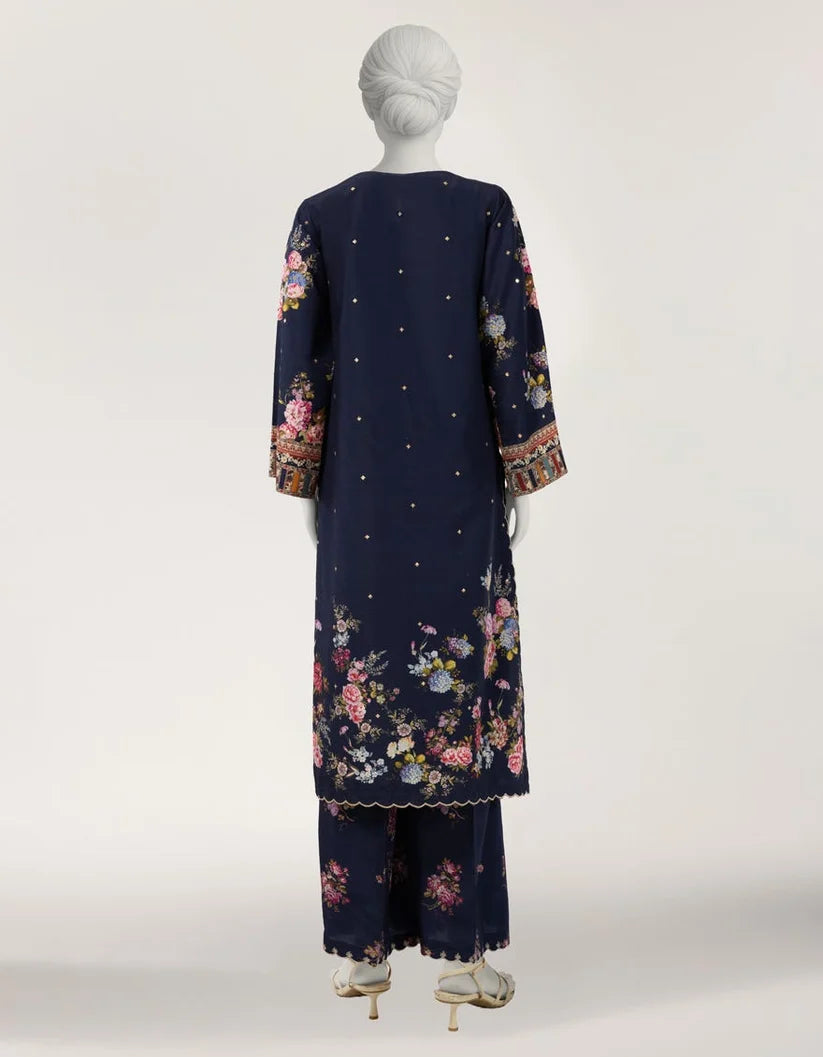 J. Raw Silk Embroidered Stitched 2-Piece Suit - Blue