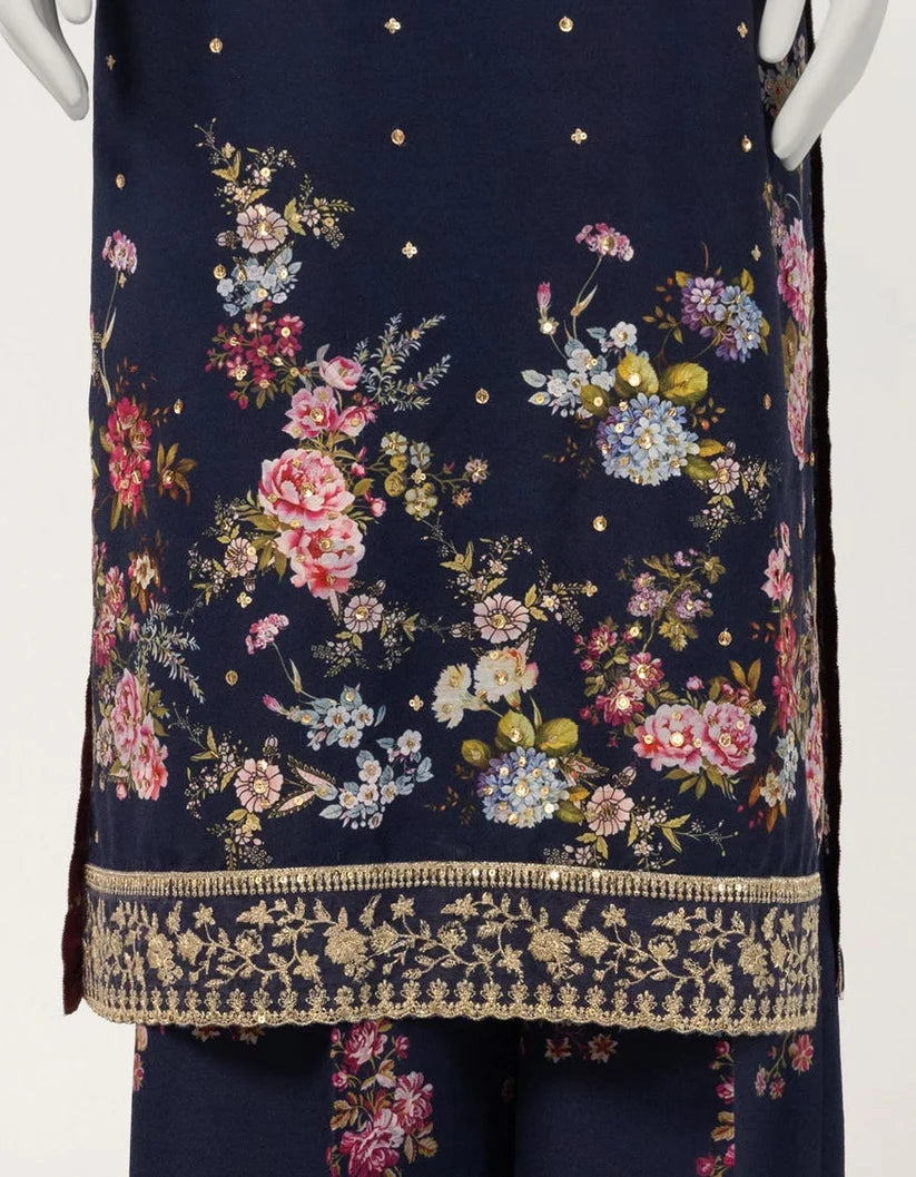 J. Raw Silk Embroidered Stitched 2-Piece Suit - Blue