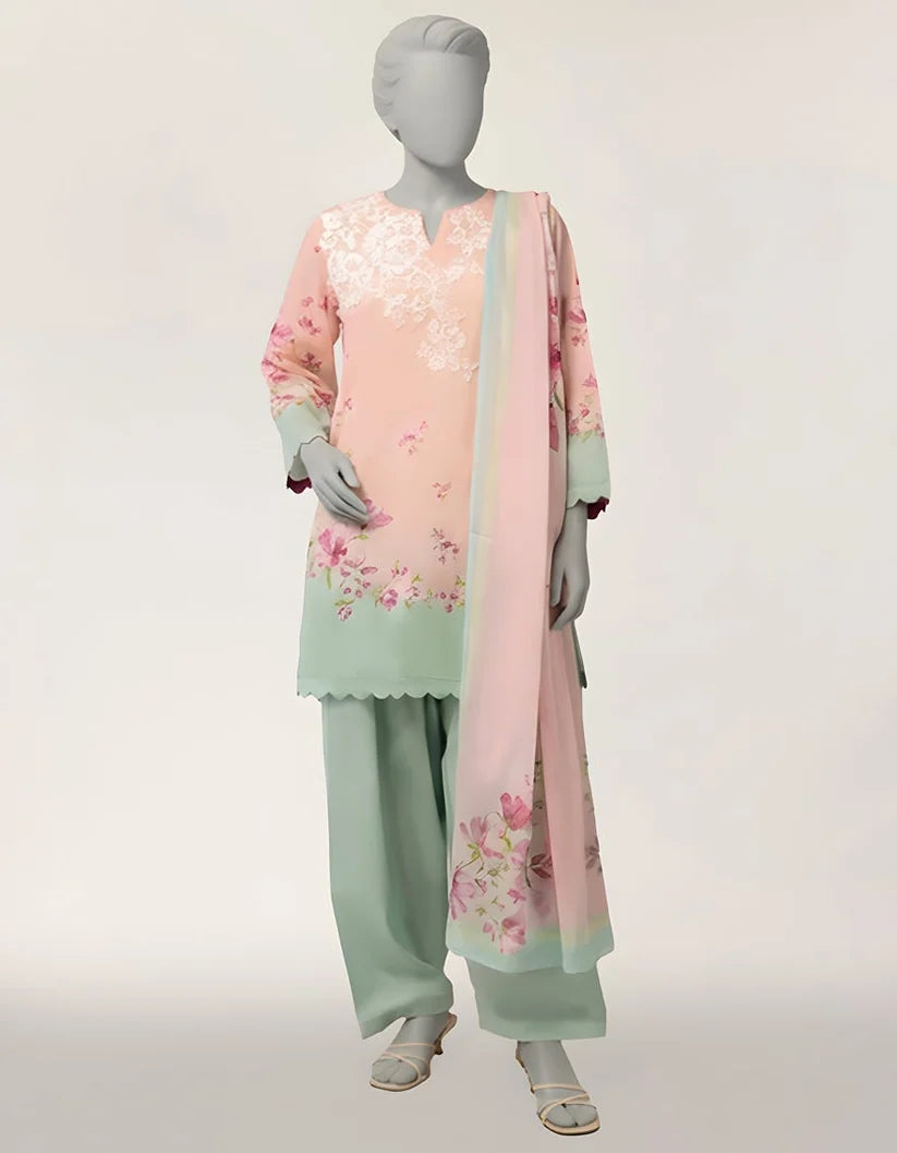 J. Lawn Embroidered Stitched 3-Piece Suit - Peach & Mint Green