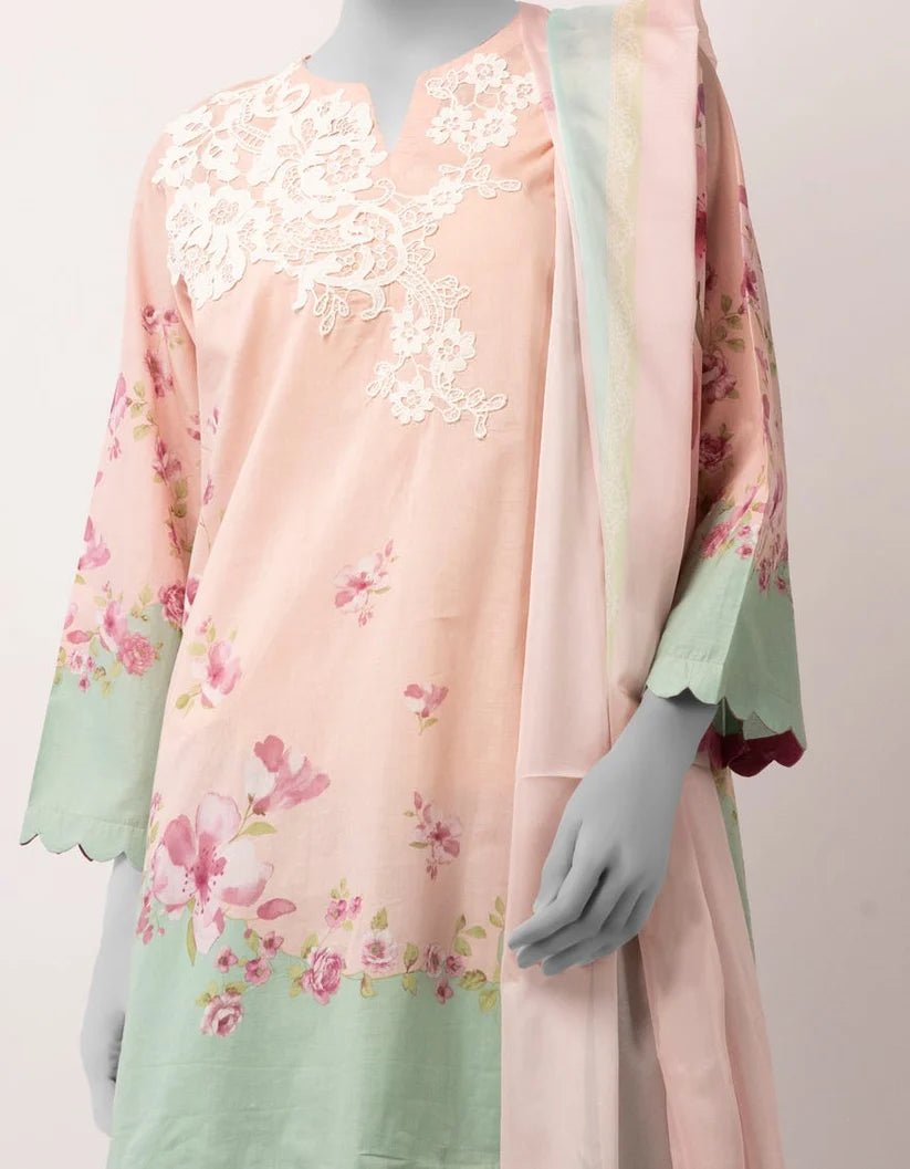 J. Lawn Embroidered Stitched 3-Piece Suit - Peach & Mint Green