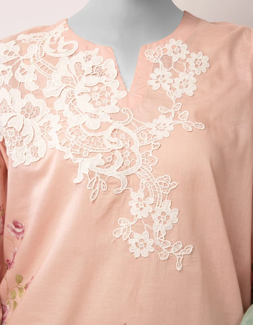 J. Lawn Embroidered Stitched 3-Piece Suit - Peach & Mint Green