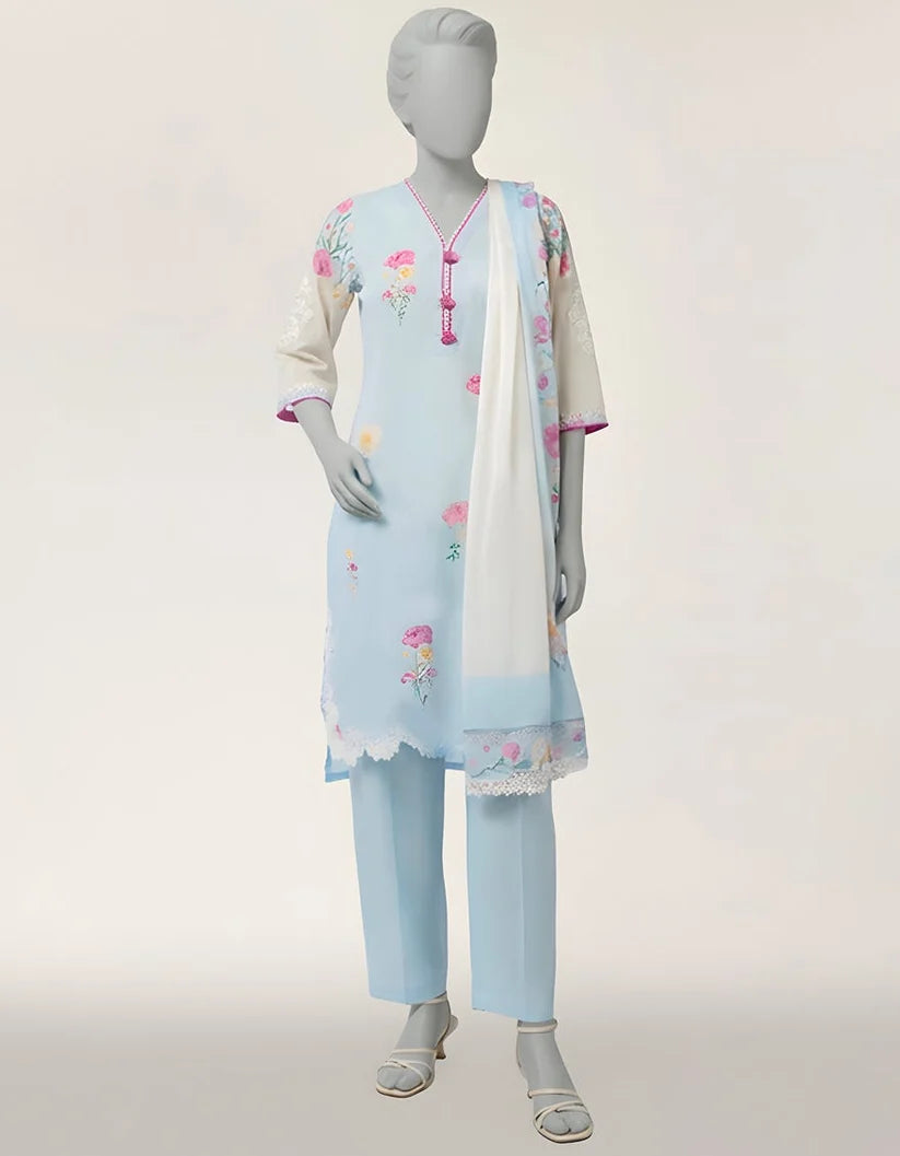 J. Lawn Embroidered Stitched 3-Piece Suit - Ice Blue