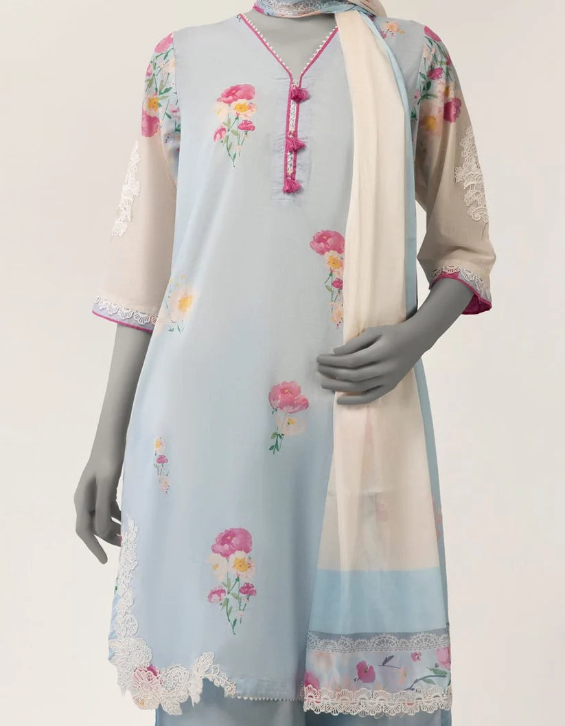 J. Lawn Embroidered Stitched 3-Piece Suit - Ice Blue
