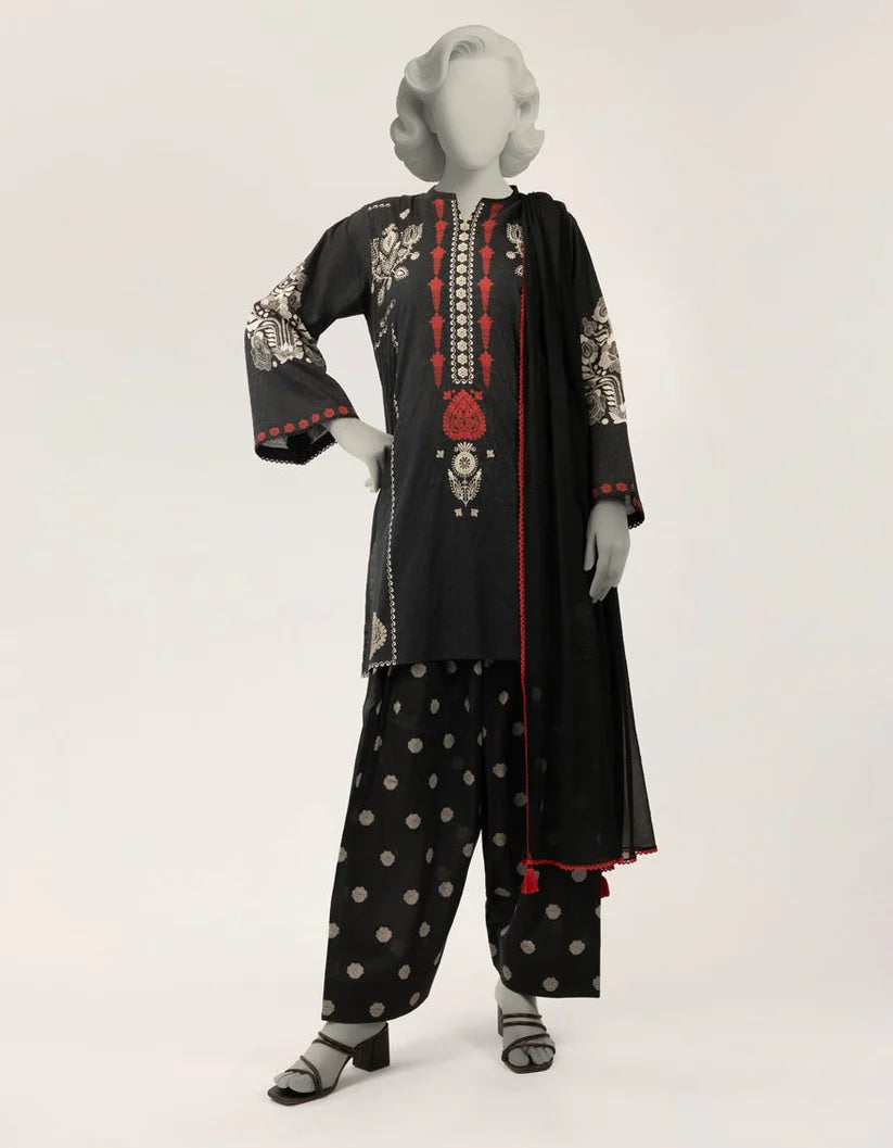 J. Lawn Printed Stitched 3-Piece Suit - Black