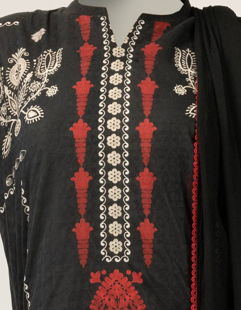 J. Lawn Printed Stitched 3-Piece Suit - Black