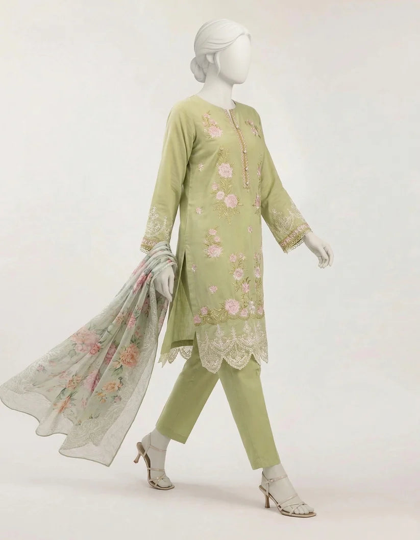 J. Lawn Embroidered Stitched 3-Piece Suit - Pistachio Green
