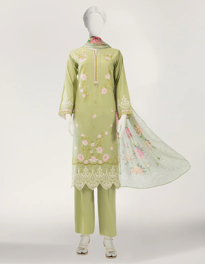 J. Lawn Embroidered Stitched 3-Piece Suit - Pistachio Green