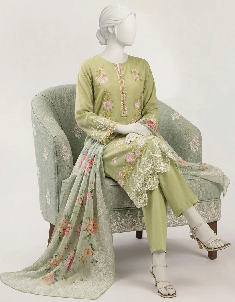 J. Lawn Embroidered Stitched 3-Piece Suit - Pistachio Green